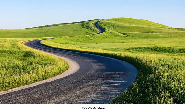 Country Road Winding Through Lush Green Fields