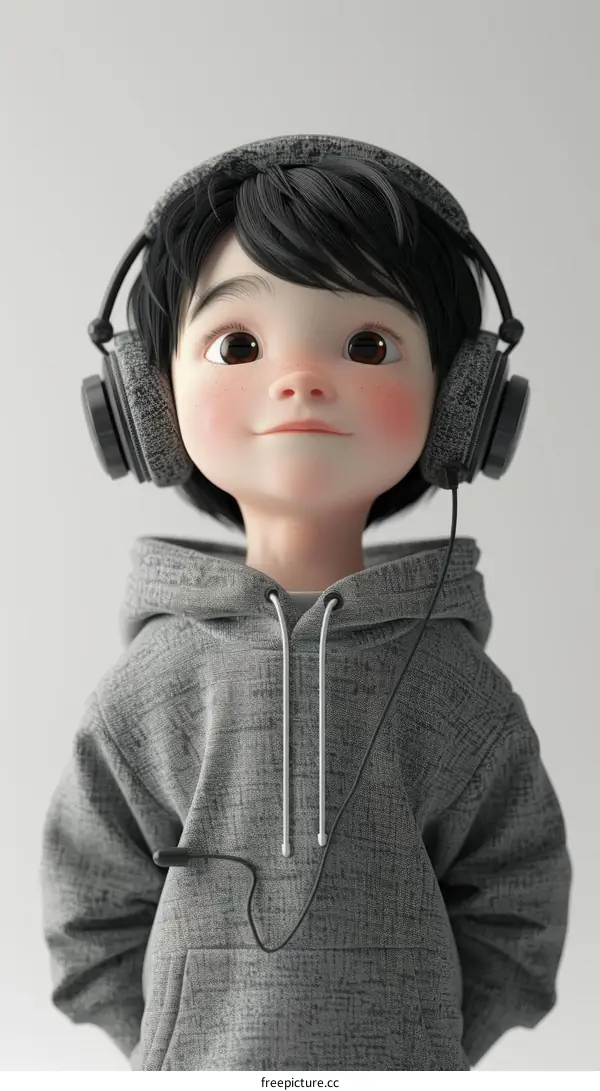 Smiling Young Boy Listening to Music on Headphones