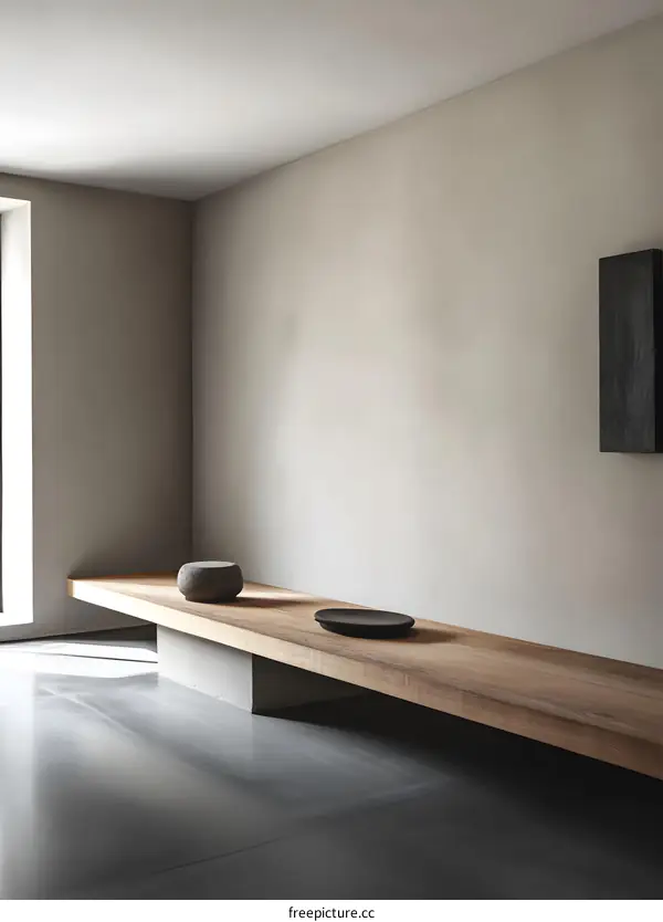 Minimalist Interior Design with Wooden Bench and Stone Objects