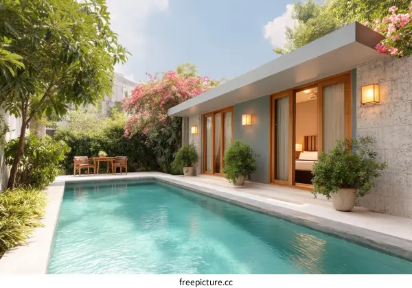 Modern Poolside Patio with Wooden Architecture