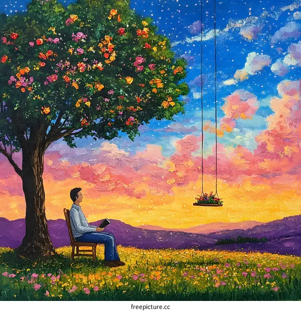 Man Sitting Under a Tree Reading a Book with a Swing in the Background