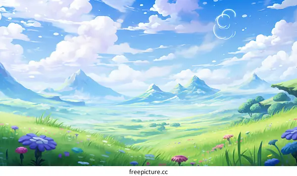 fantasy landscape with mountains and flowers
