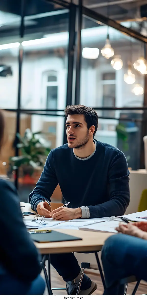 Young Man In A Meeting Writing On Paper While Talking