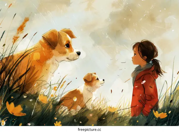A girl standing in a field of grass with two dogs
