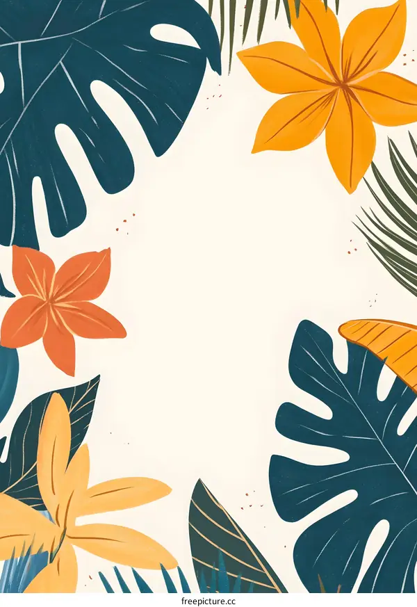 Tropical Leaves and Flowers Border Illustration