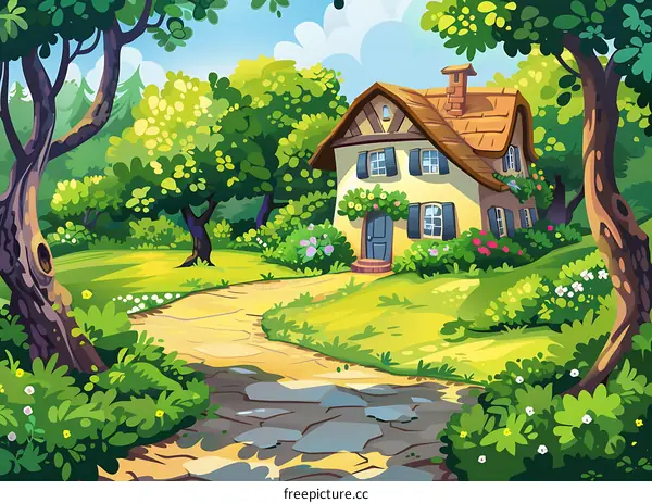 Cartoon Illustration of a Cottage in a Forest