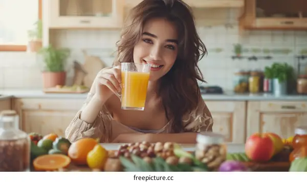 Smiling young woman drinking orange juice in the kitchen
