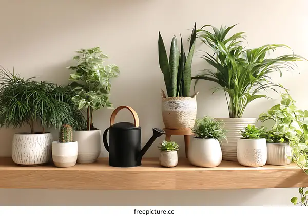 Arrangement of Various Houseplants on Wooden Shelf