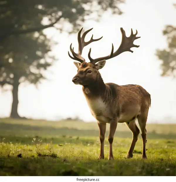 A majestic deer with large antlers standing on a green field