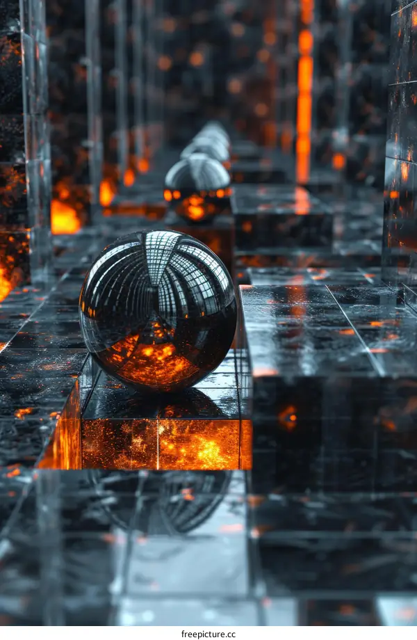 Spheres in the darkness illuminated by an eerie orange glow