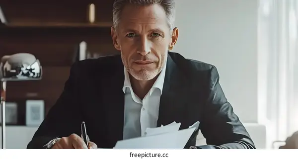 Serious Businessman Sitting at Desk Working