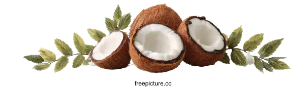 [Transparent Background PNG]Fresh Coconut with Leaves Still Life