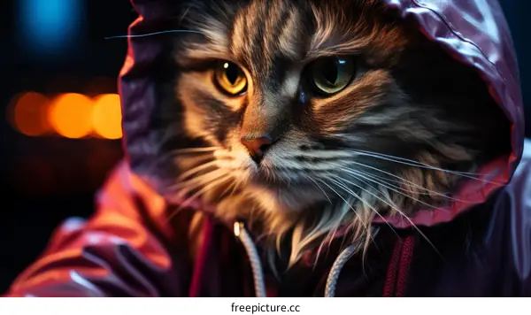 A cat wearing a red raincoat with the hood up