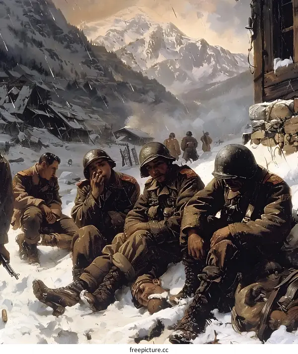 WWII soldiers resting in the snow
