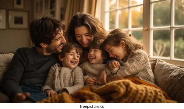 Family of four having fun on couch
