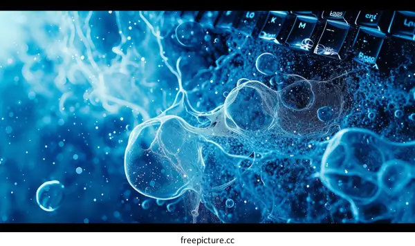 Blue abstract illustration of a computer keyboard with water droplets