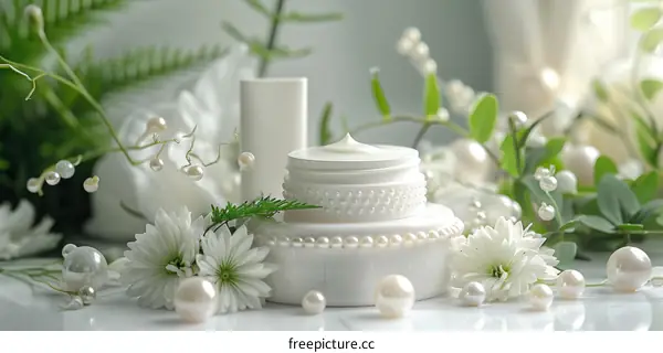 Elegant Cosmetic Pearl and Flower Decorated White Bottle