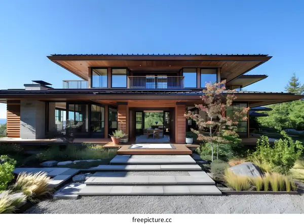 Modern Wooden House with Garden and Steps