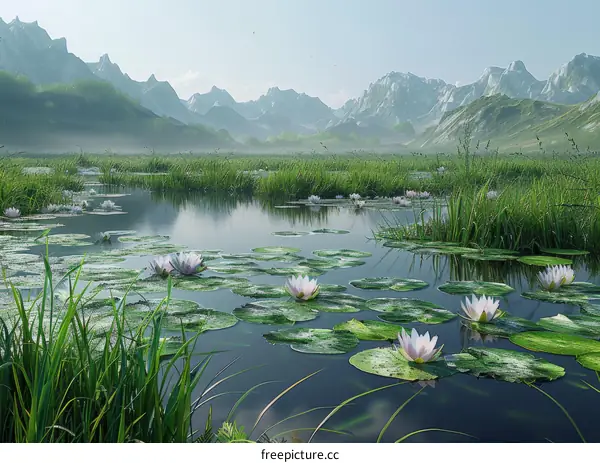 Serene Mountain Lake with White Water Lilies