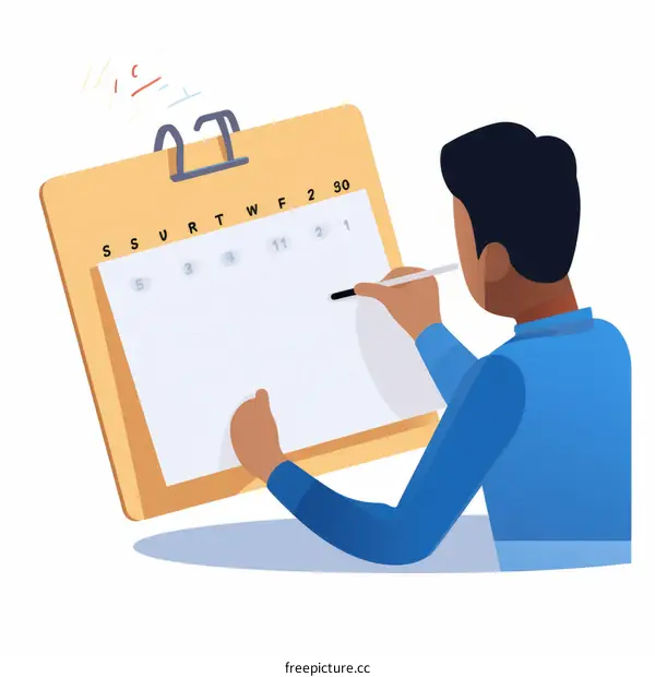 man planning schedule on a wall calendar using a pen