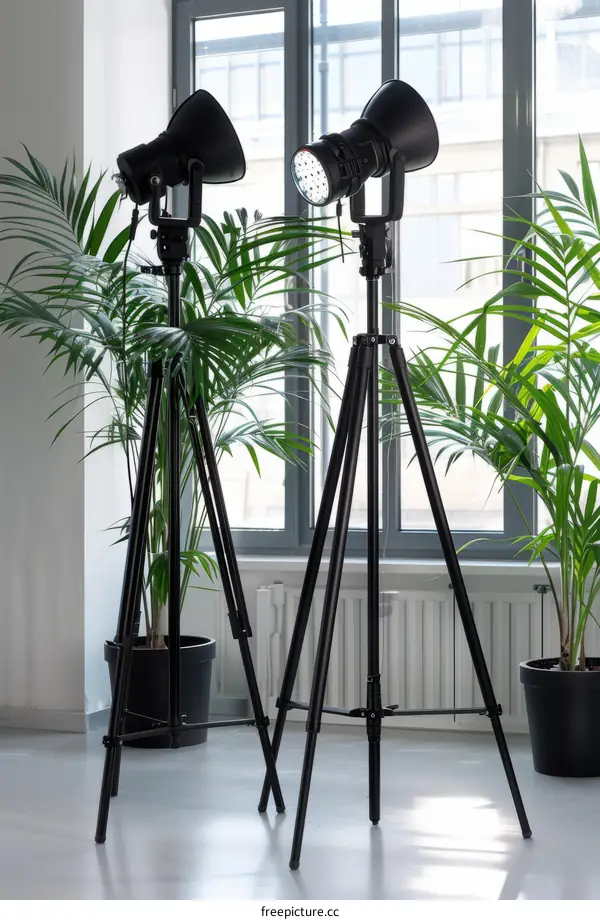 Black Photography Studio Spotlights with Palm Tree Backdrop