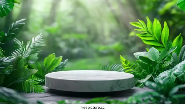 Marble Podium Display in Lush Green Forest