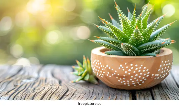 Green Succulent Plant in a Wooden Pot on a Wooden Table
