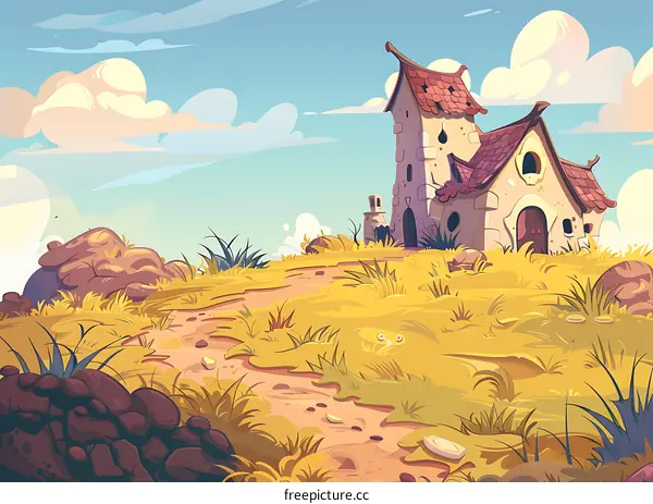 Cartoon House on Grassy Hill