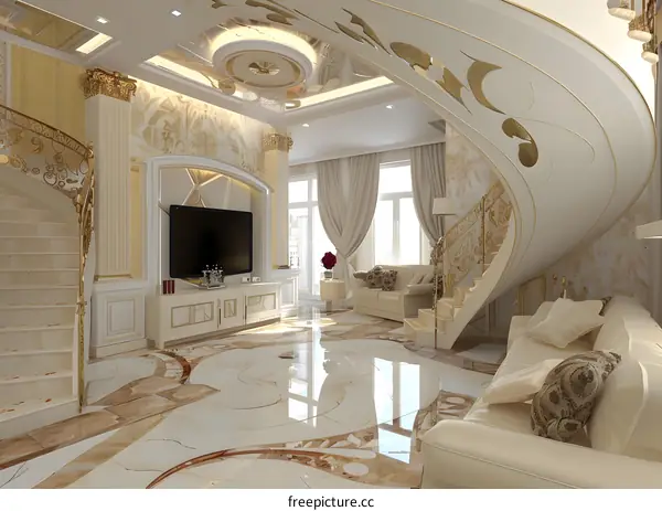 Luxury Living Room Interior Design with Curved Staircase and Golden Accents