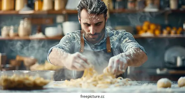 Focused male chef kneading dough on table in commercial kitchen