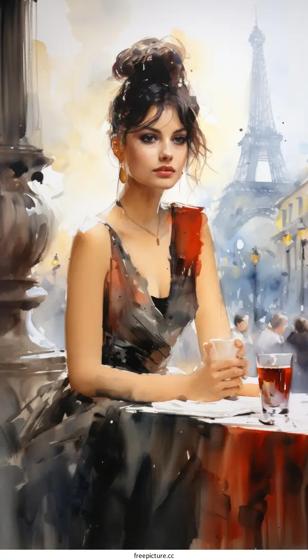 An elegant woman is drinking red wine in a restaurant with the Eiffel Tower in the background