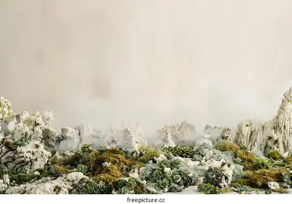 Abstract Landscape with Foggy Mountains and Green Plants