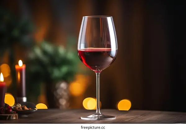 A glass of red wine on a wooden table with candles in the background