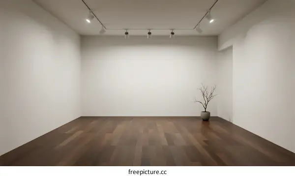An empty minimalist room with white walls and wooden floor