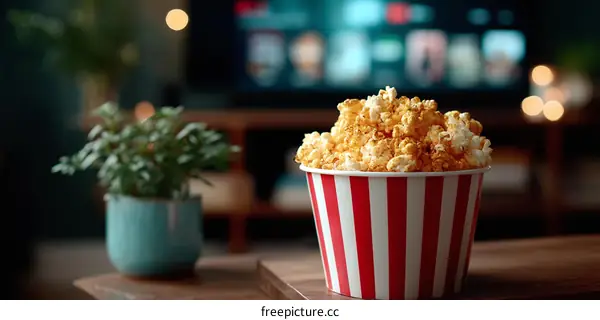 Popcorn in a Striped Paper Container at Home