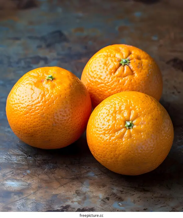 Three Whole Oranges On A Brown Background