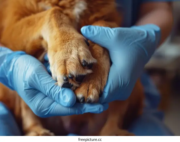 Veterinarian's Gloved Hands Examining a Dog's Paw