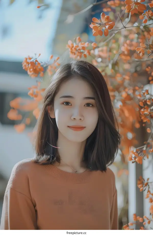 Asian Woman with Short Hair in Front of Orange Flowers