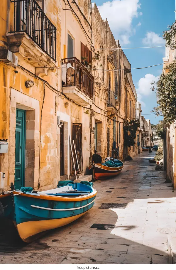 Narrow Street with Colorful Boats in a European City
