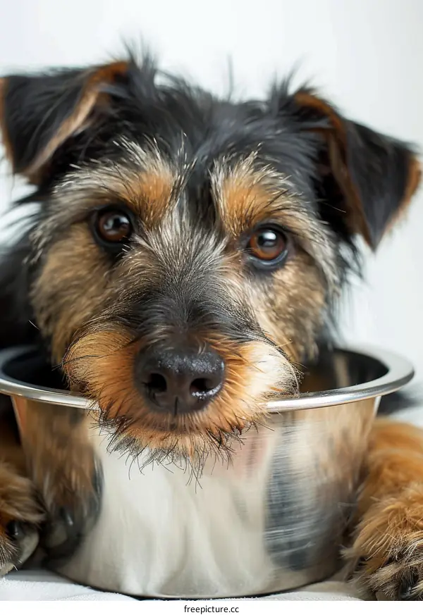Cute Terrier Mix Dog with Head in Bowl