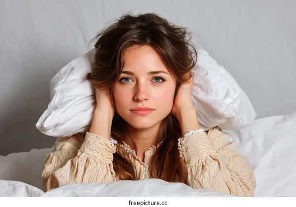 Woman Covering Ears with Pillow in Bed
