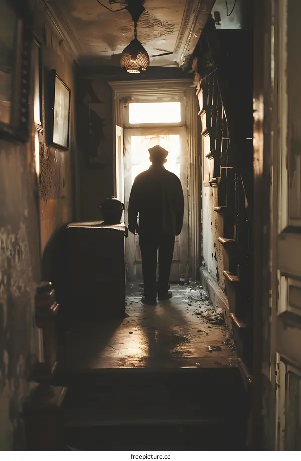 Man in doorway of decrepit house