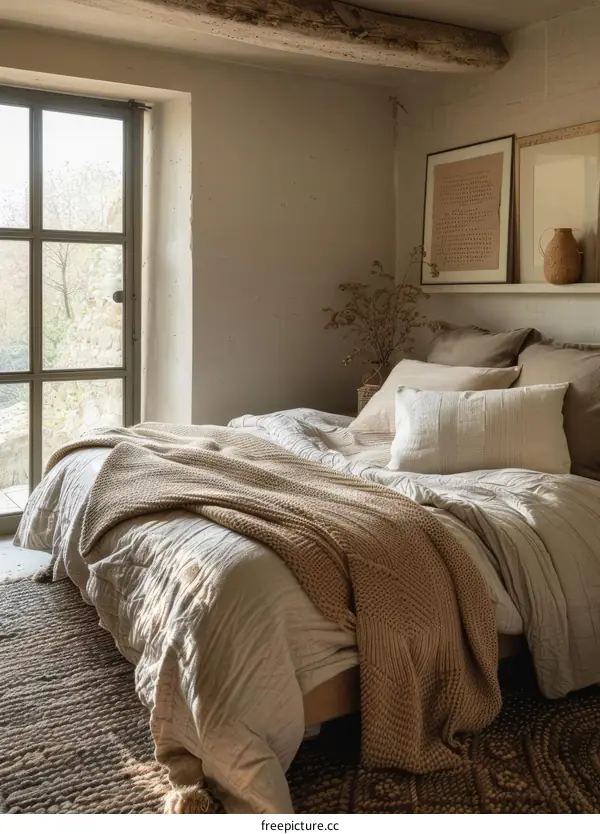 Simple and elegant bedroom with neutral colors and natural materials