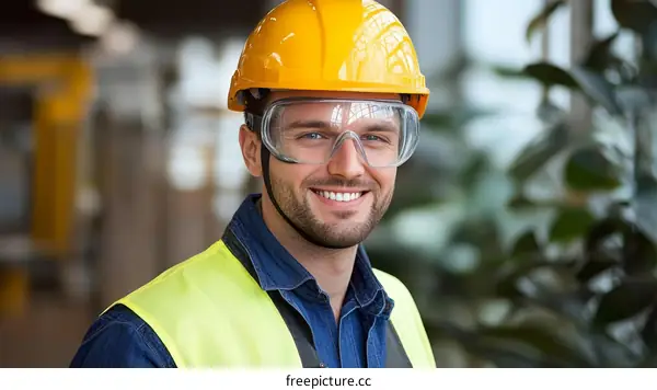 Smiling Caucasian Construction Worker in Safety Gear