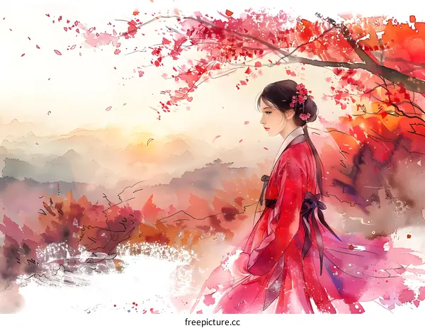 Korean Woman in Traditional Hanbok Dress Watercolor Painting