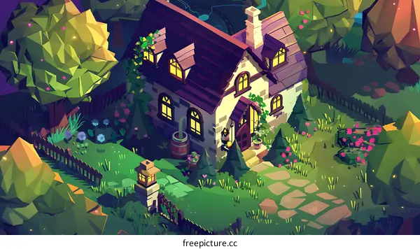 Low Poly Cottage House with Garden and Forest Background Illustration