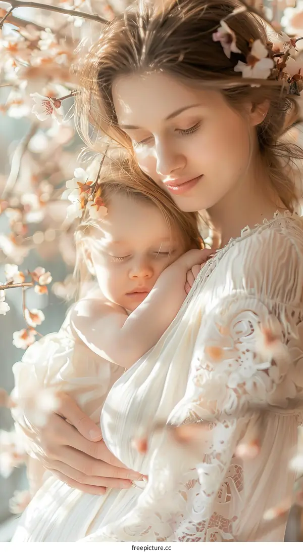 An adorable baby sleeping in the arms of a beautiful mother