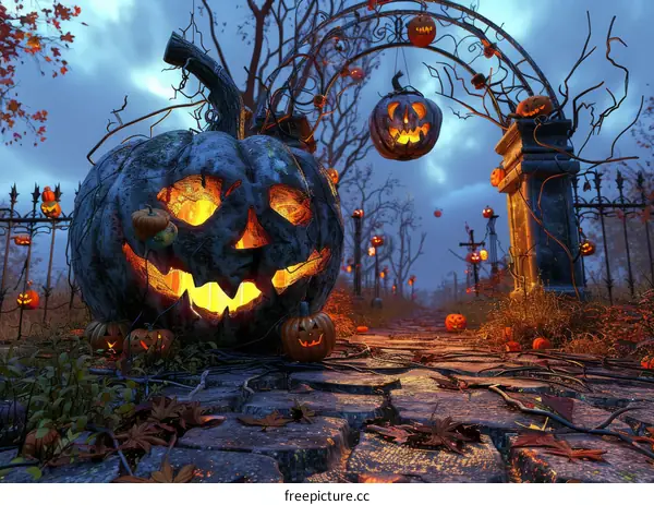 Halloween Night with Giant Jack-o'-Lantern in Spooky Graveyard