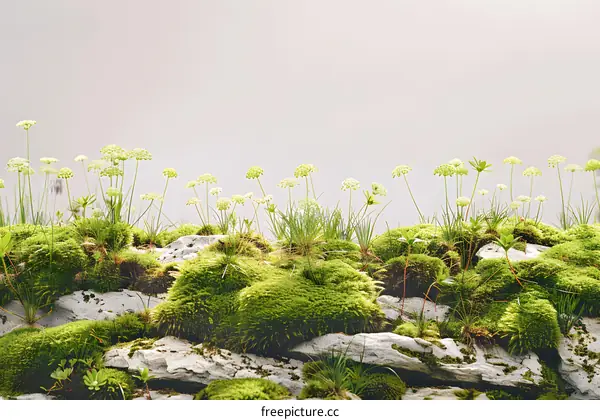 Close Up of Green Moss and Flowers on Rocks