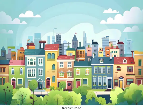Colorful Illustration of a Cityscape with Houses and Green Trees